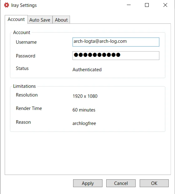 Iray Settings ダイアログ